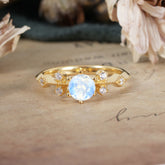 Round Cut Moonstone Engagement Ring Unique Distance Band Ring